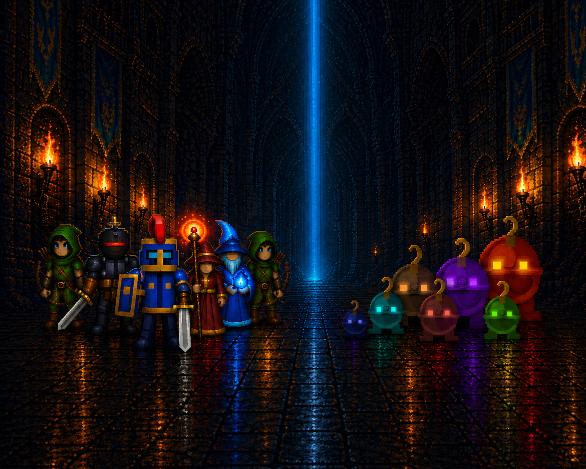 Dungeon Delvers heroes and enemies inside a dungeon